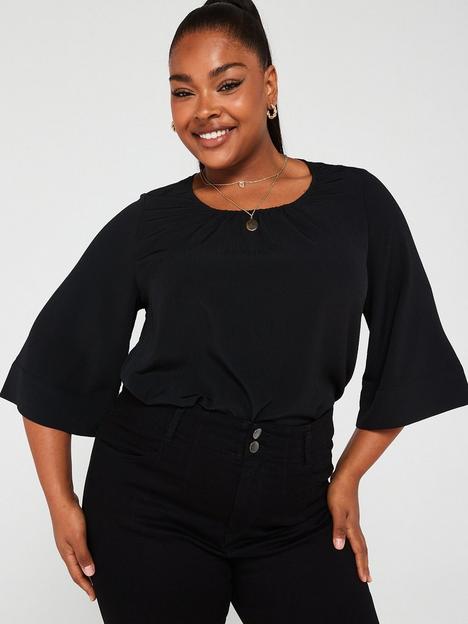 v-by-very-curve-round-neck-34-sleeve-textured-blouse-black