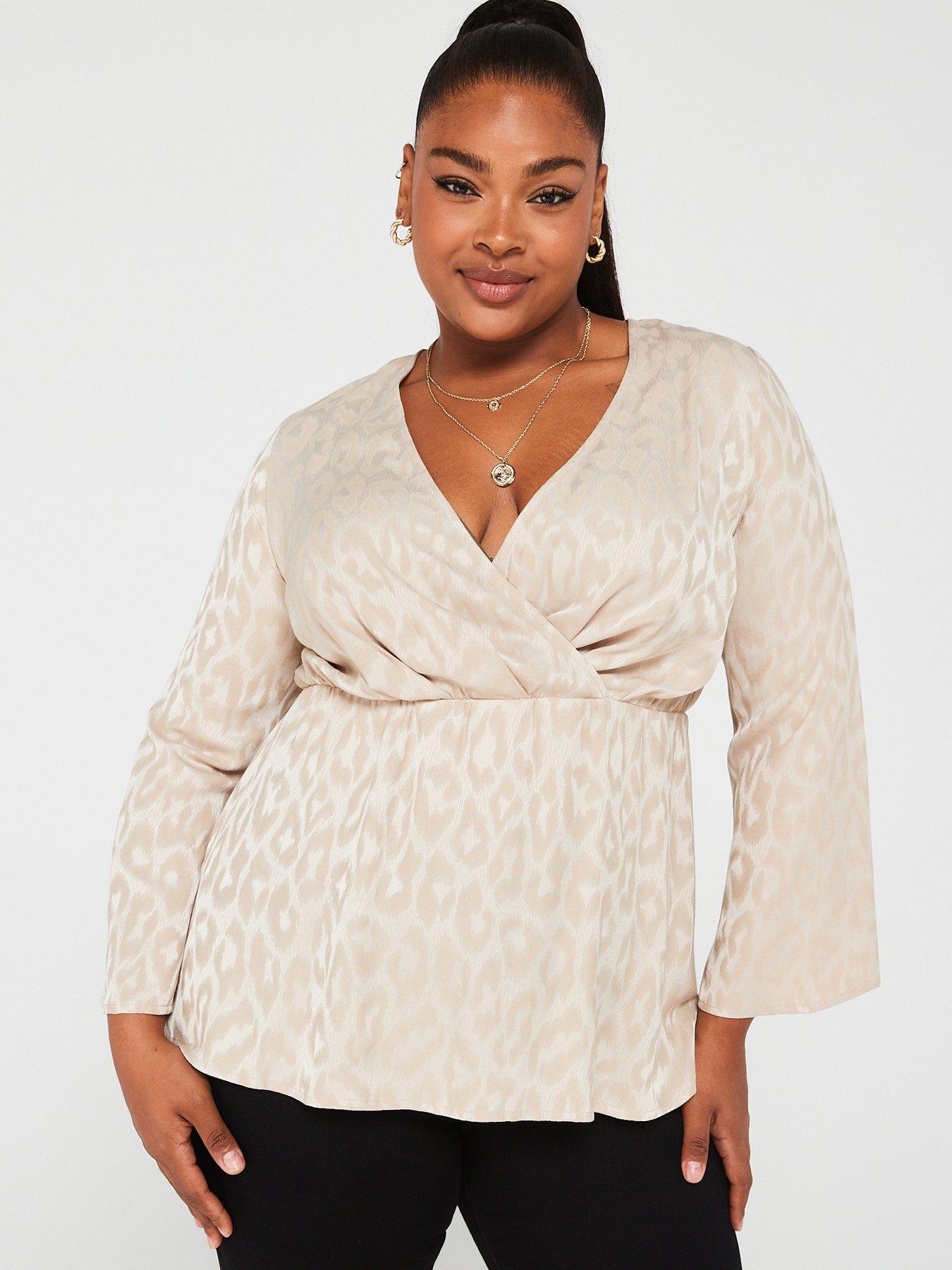 V by Very Curve Animal Jacquard Wrap Peplum Top - Natural