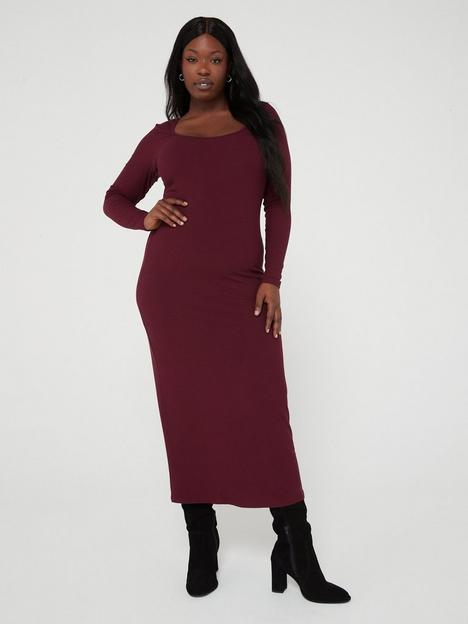 v-by-very-curve-scoop-neck-fitted-rib-long-sleeve-midi-dress-red