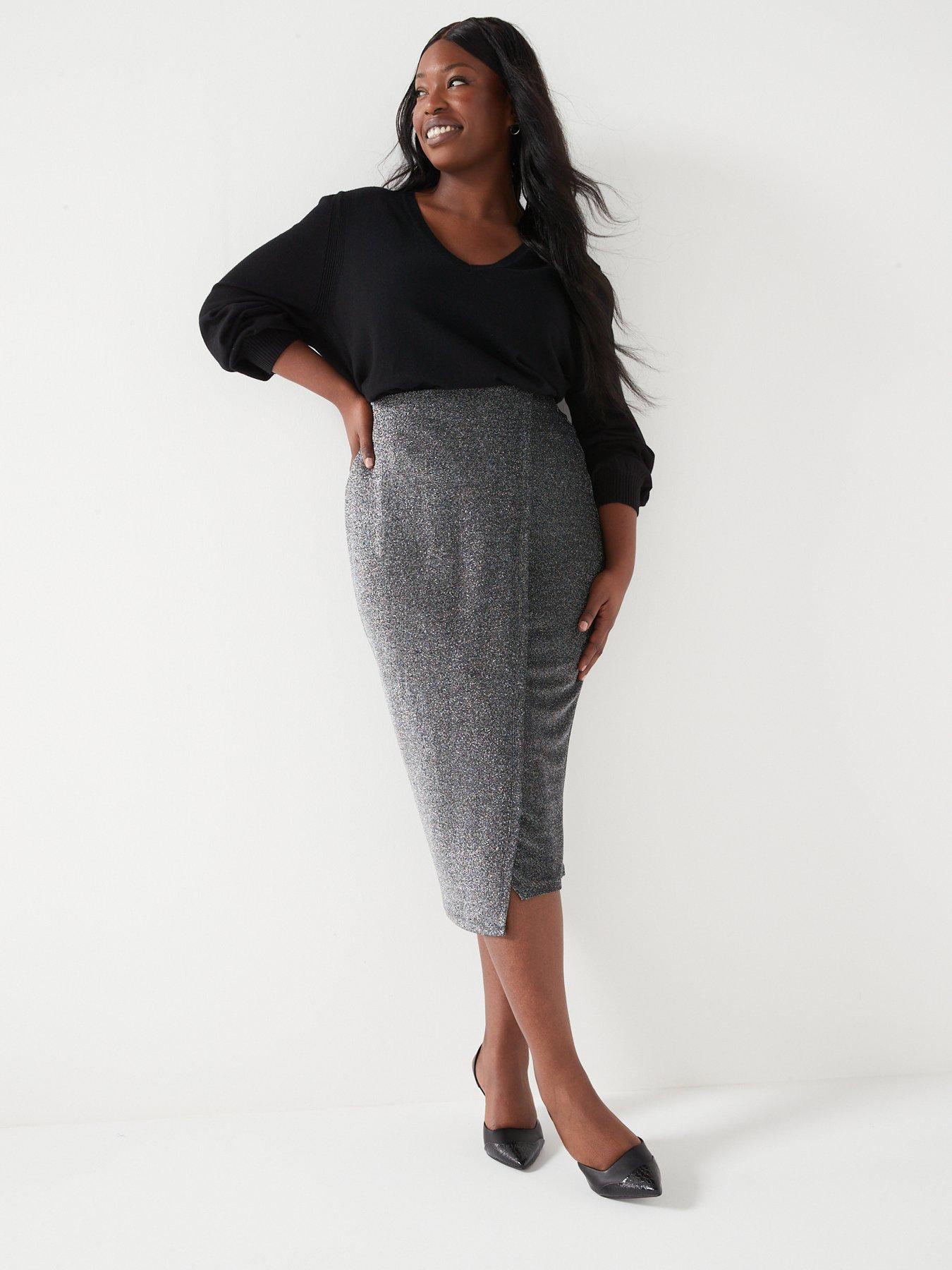 V by Very Curve Lurex Wrap Midi Pencil Skirt Grey