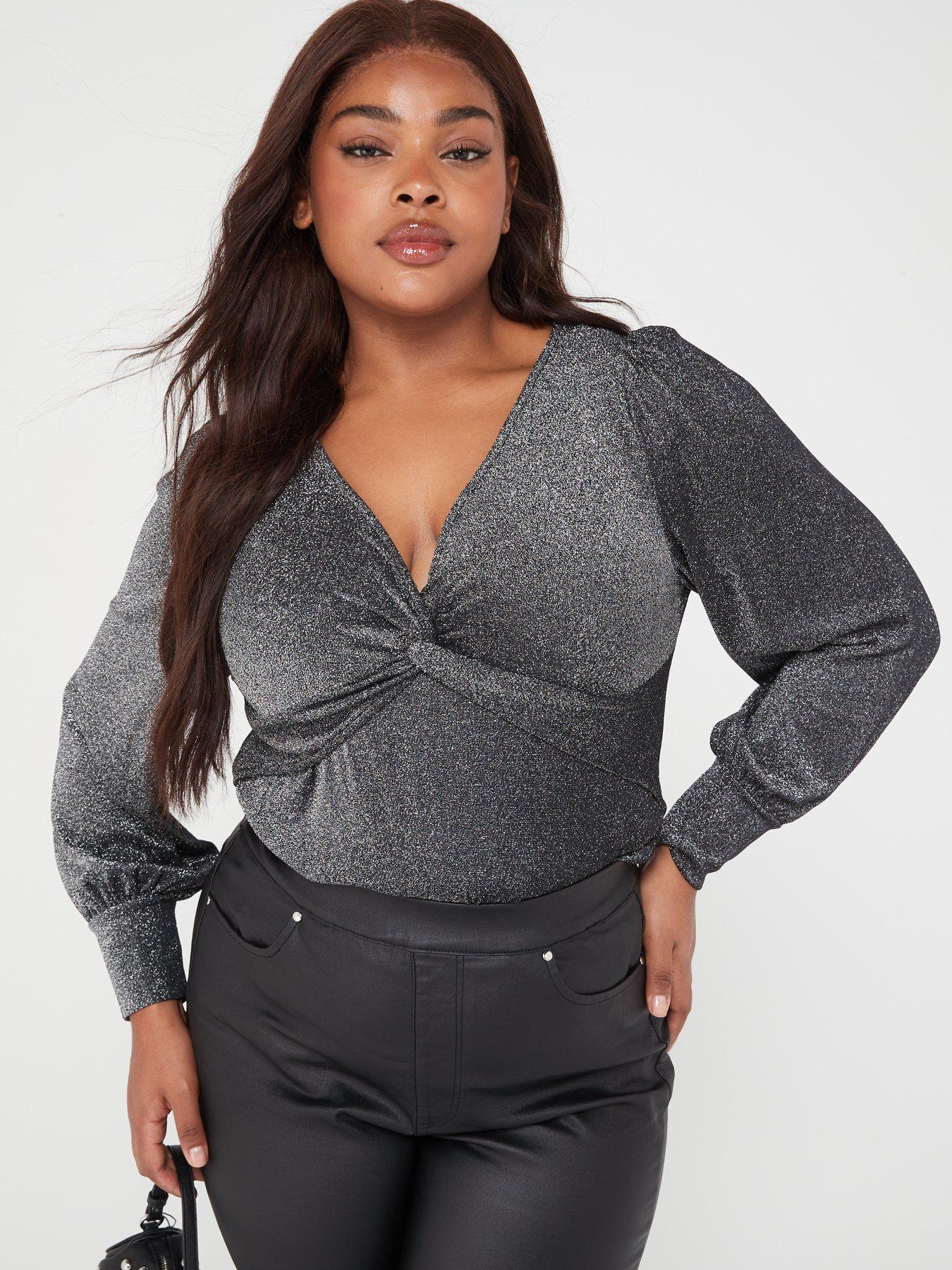 V by Very Curve Lurex Long Sleeve Peplum Top - Grey