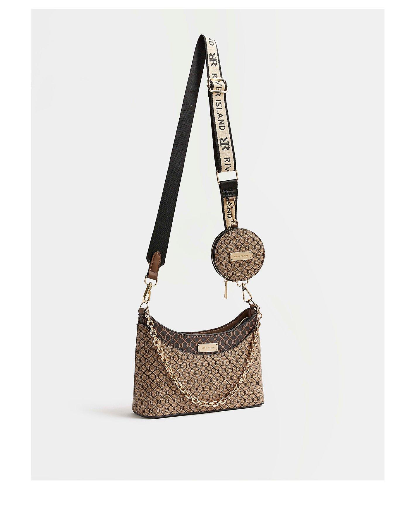 River Island monogram double pouchette cross body in brown