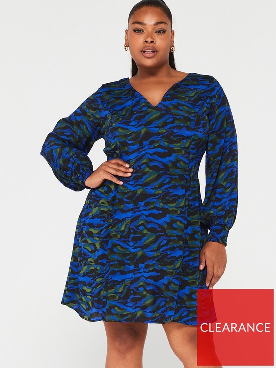 front image of v-by-very-curve-printed-v-neck-shirred-waist-mini-dress-blue