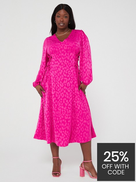 v-by-very-curve-animal-jacquard-lace-up-long-sleeve-midi-dress-pink