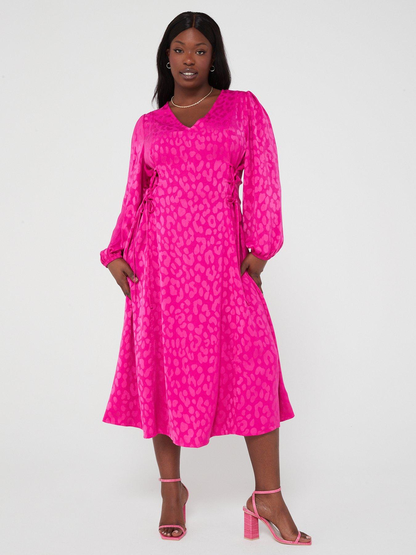 V by Very Curve Animal Jacquard Lace Up Long Sleeve Midi Dress - Pink ...