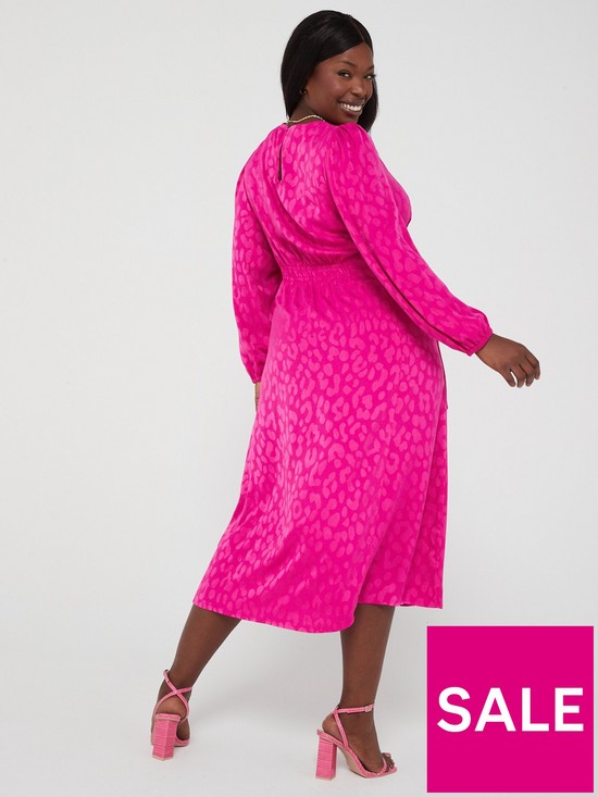 stillFront image of v-by-very-curve-animal-jacquard-lace-up-long-sleeve-midi-dress-pink