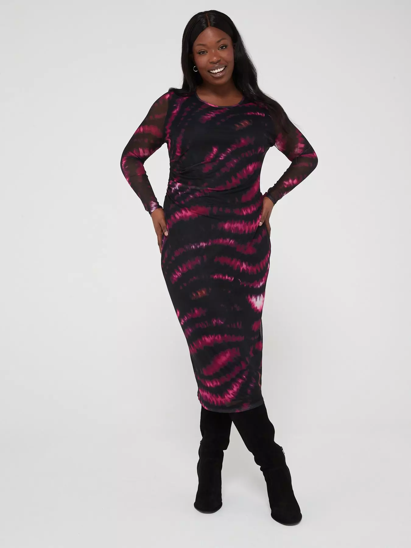 V by Very Curve Abstract Animal 3/4 Sleeve Belted V Neck Midi Dress - Pink