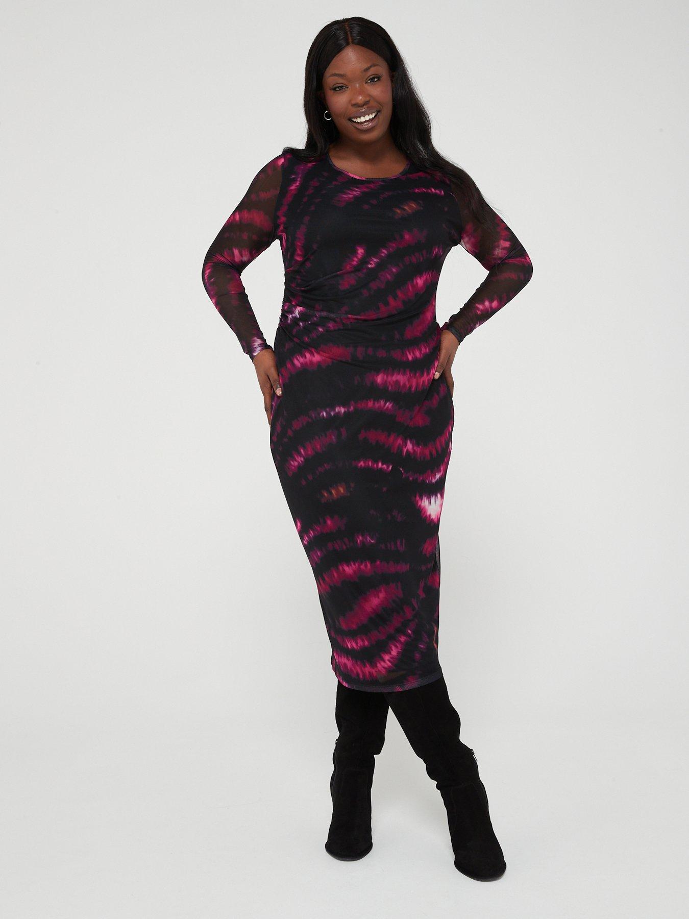 V by Very Curve Tie Dye Animal Mesh Midi Dress Very