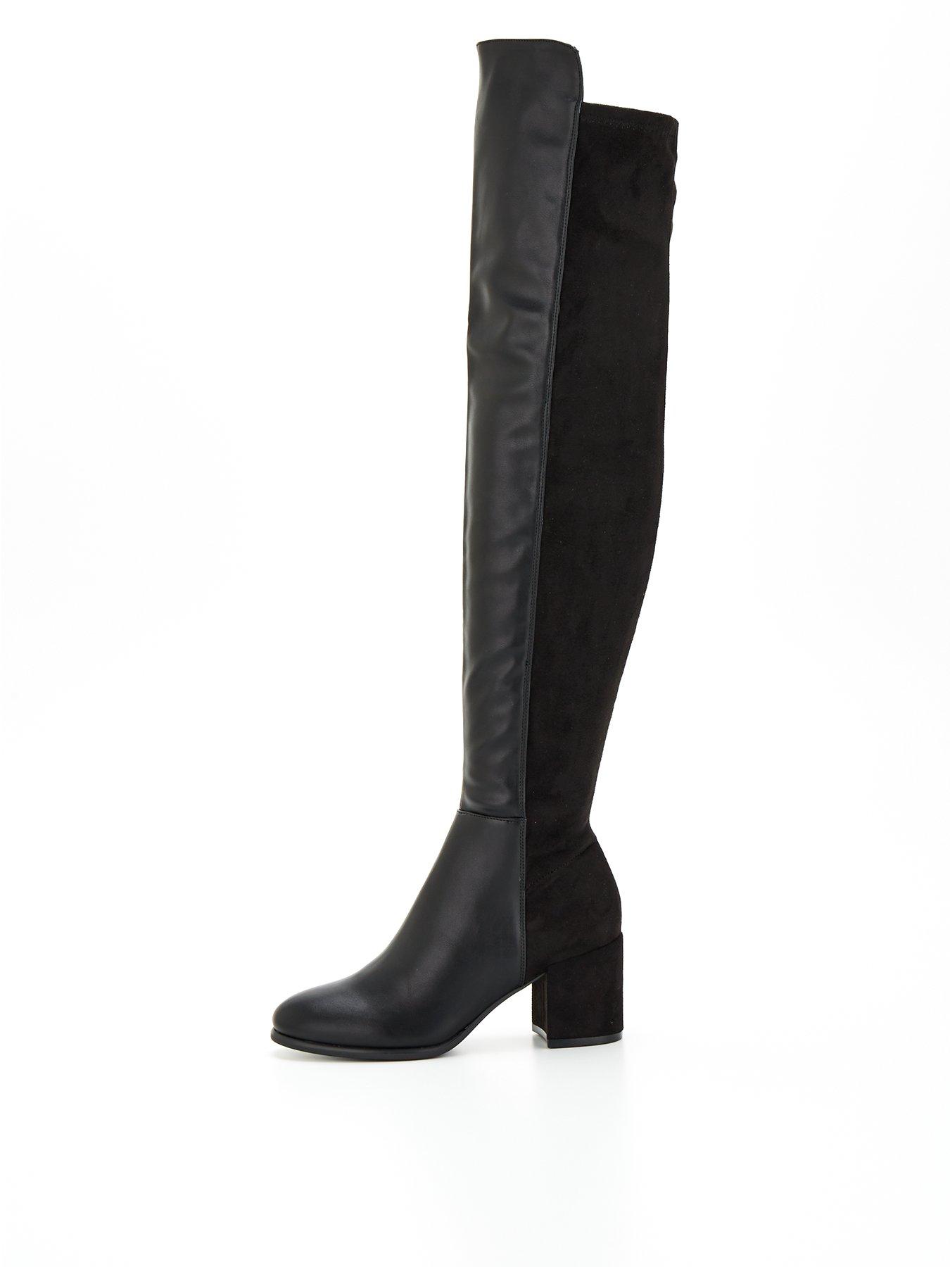 Heeled Stretch Knee High Boots - Black