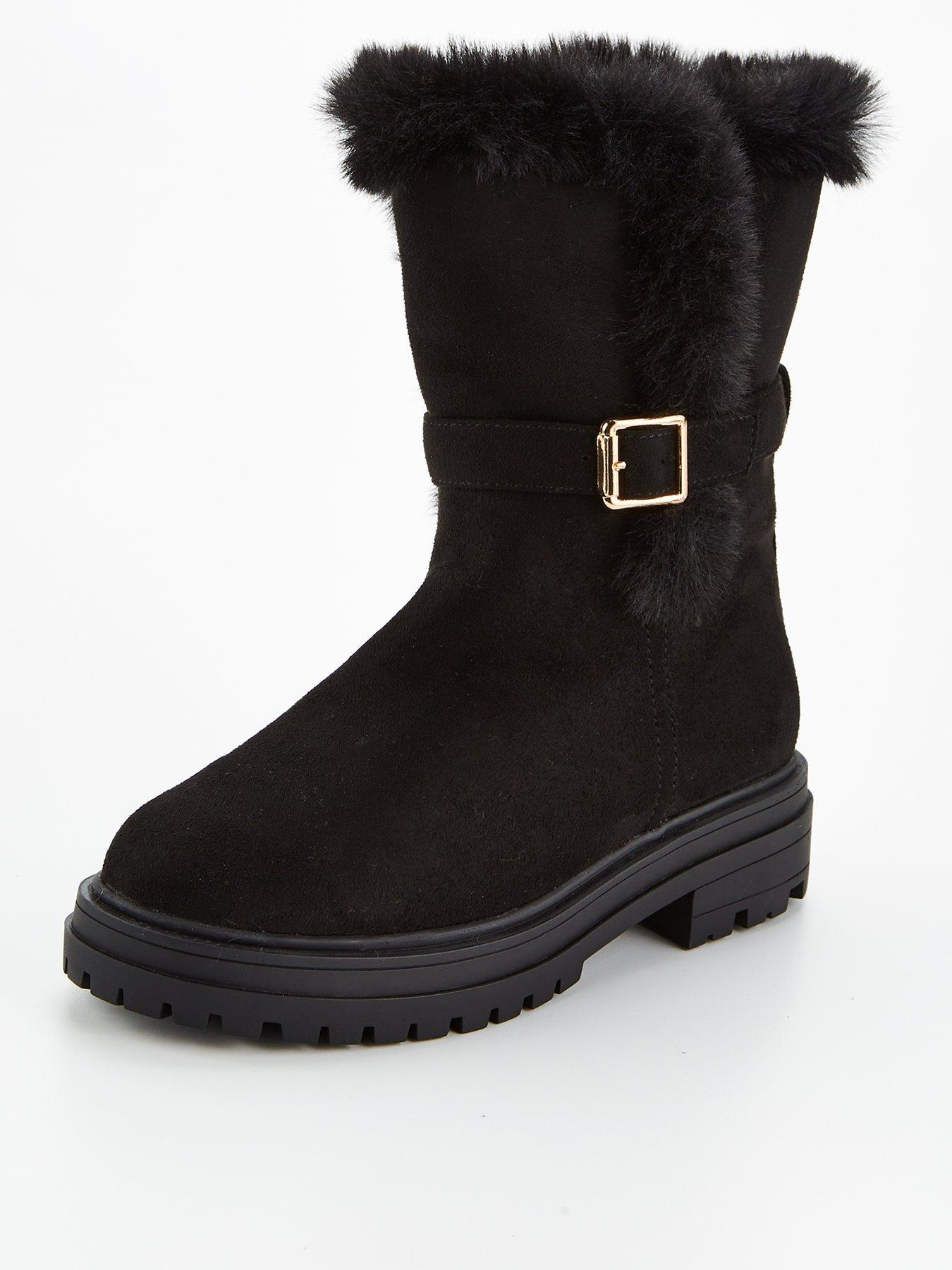 V by Very Wide Fit Chunky Ankle Boot With Faux Fur - Black | Very.co.uk