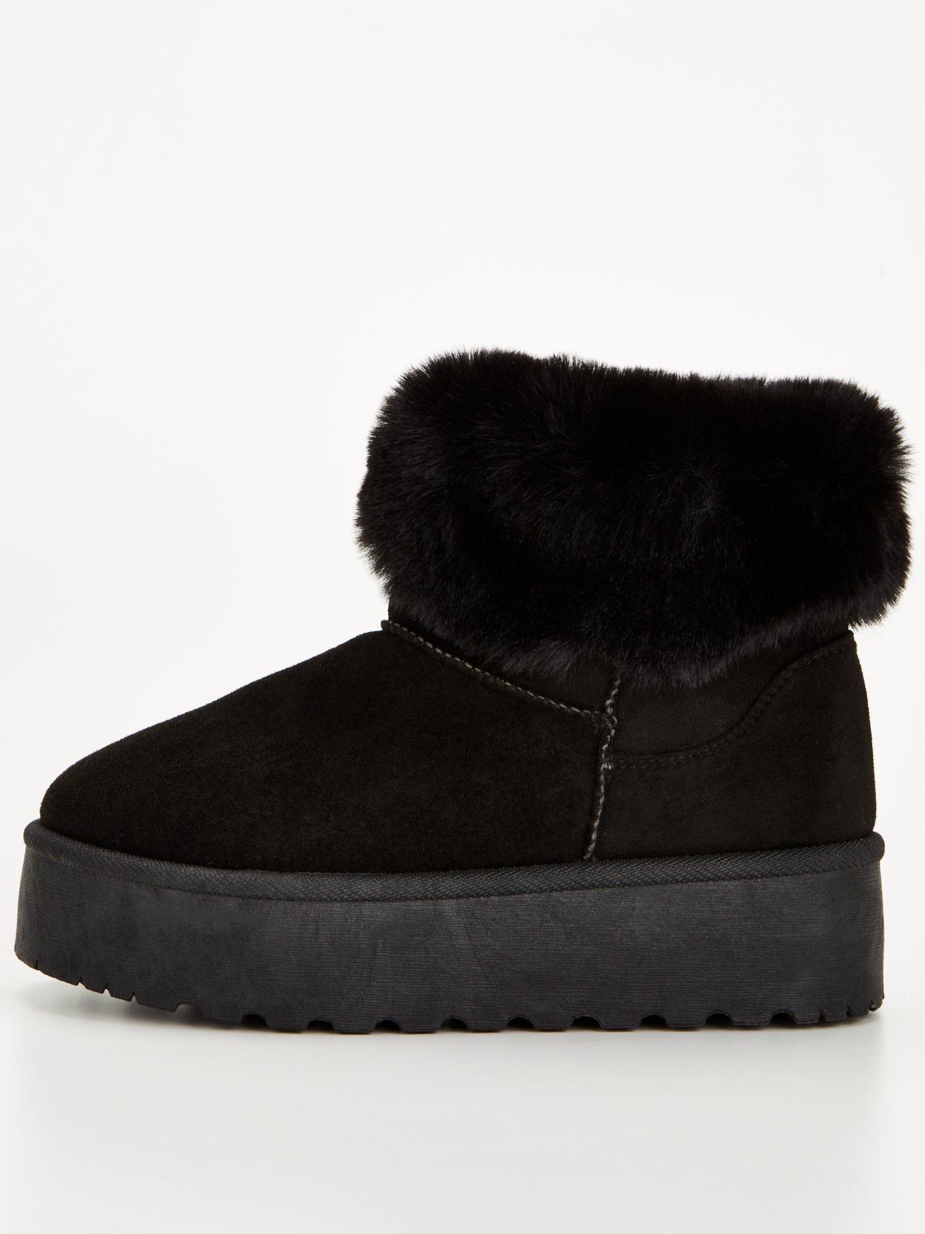 Everyday Flatform Faux Suede Ankle Boot With Faux Fur Collar