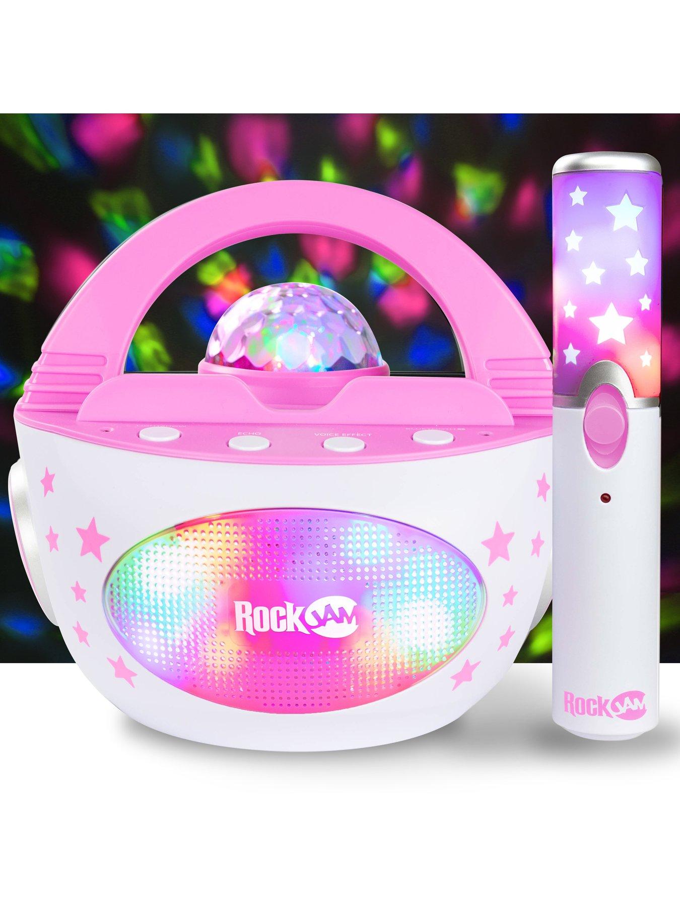 10 Watt Rechargeable Bluetooth Karaoke Machine with Wireless Microphone Voice Changing Effects LED Lights Baby Pink