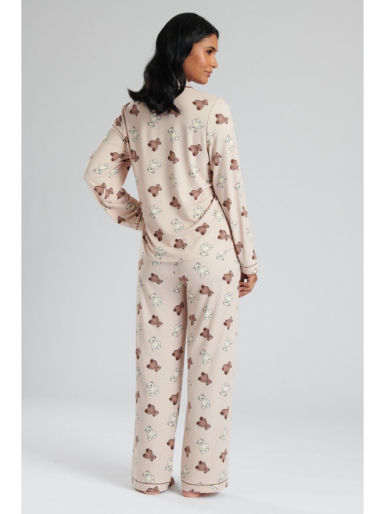 Loungeable Teddy Bear Long Sleeve Button Shirt And Trouser Pyjama Set -  Beige