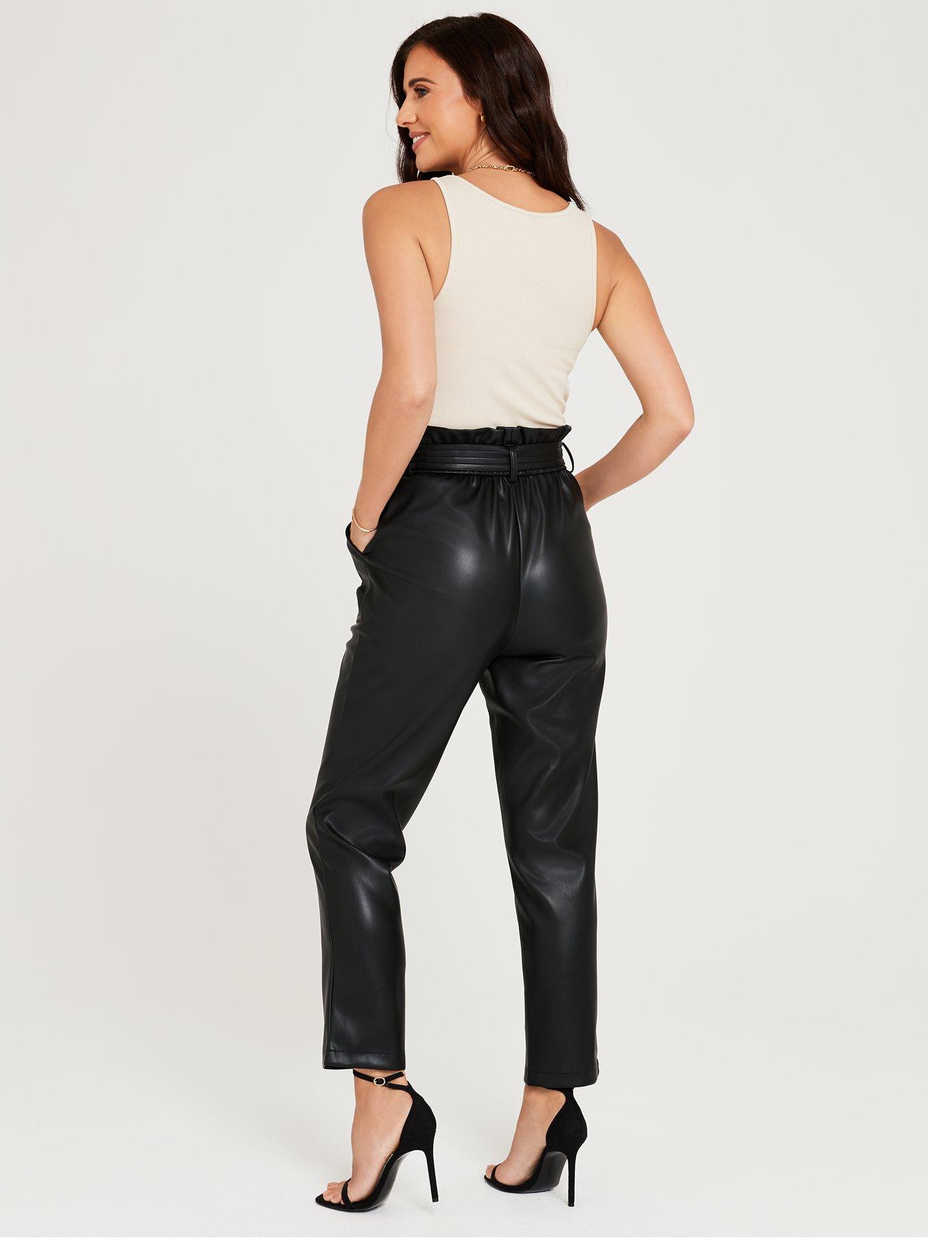 Women's Black Paperbag Tie Waist Faux Leather Ladies' PU Trousers