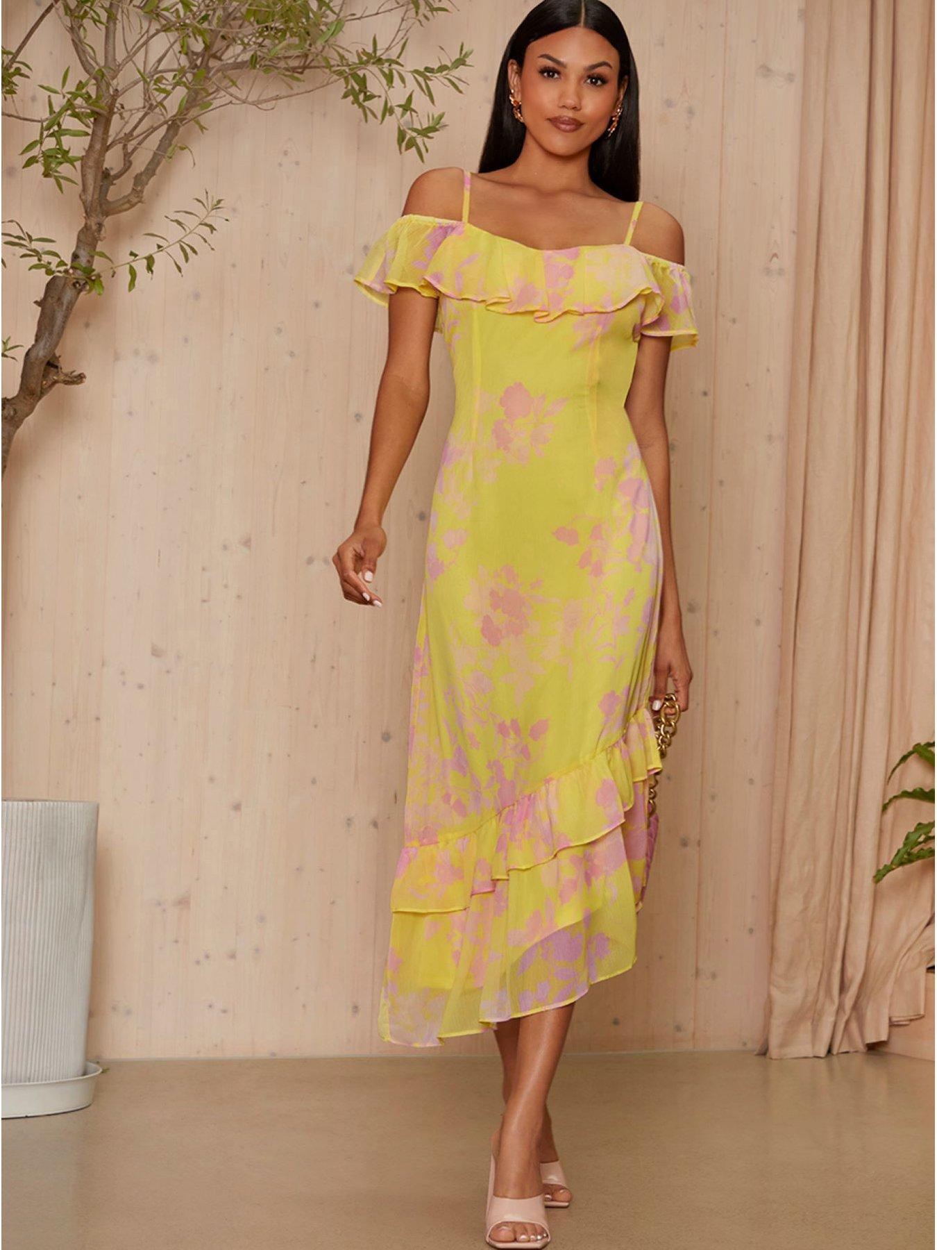 Yellow floral cold shoulder hot sale dress