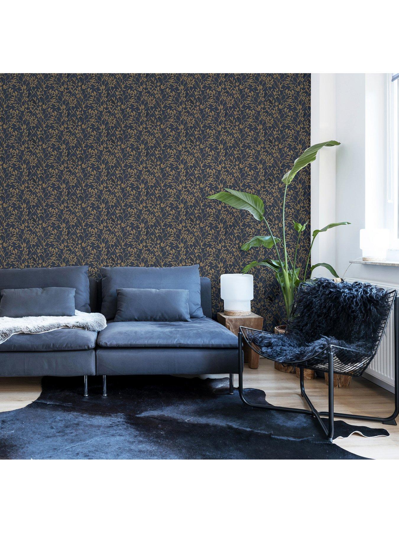 Product photograph of Arthouse Botanica Leaf Wallpaper In Navy And Gold from very.co.uk