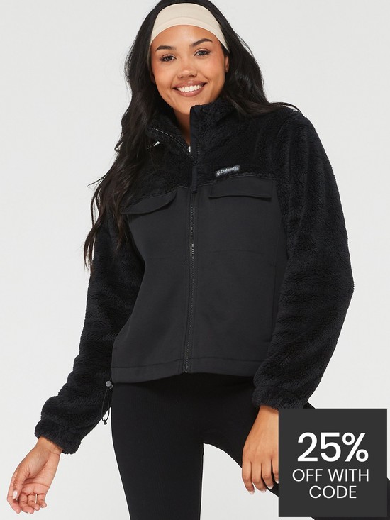 front image of columbia-womens-lodge-hybrid-sherpa-full-zip-black