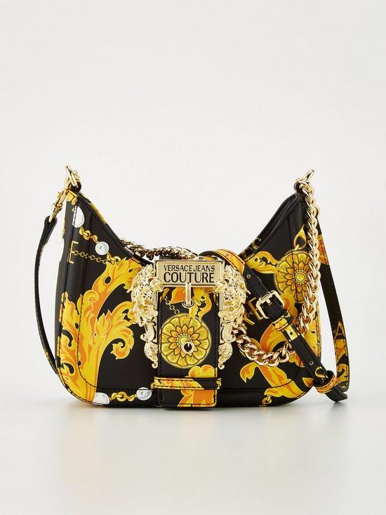 front image of versace-jeans-couture-baroque-buckle-shoulder-bag-blackgold