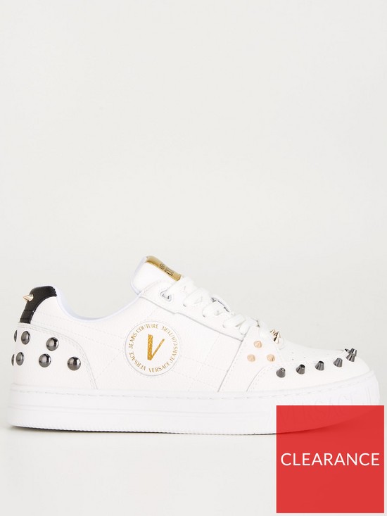 front image of versace-jeans-couture-stud-trim-v-emblem-trainers-whitemulti