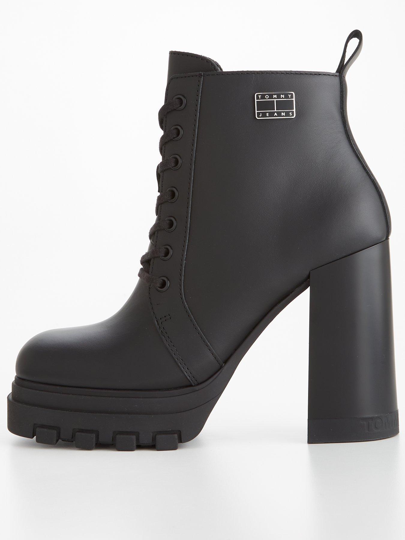 Tommy Jeans Leather Lace Up Heel Boot - Black | very.co.uk