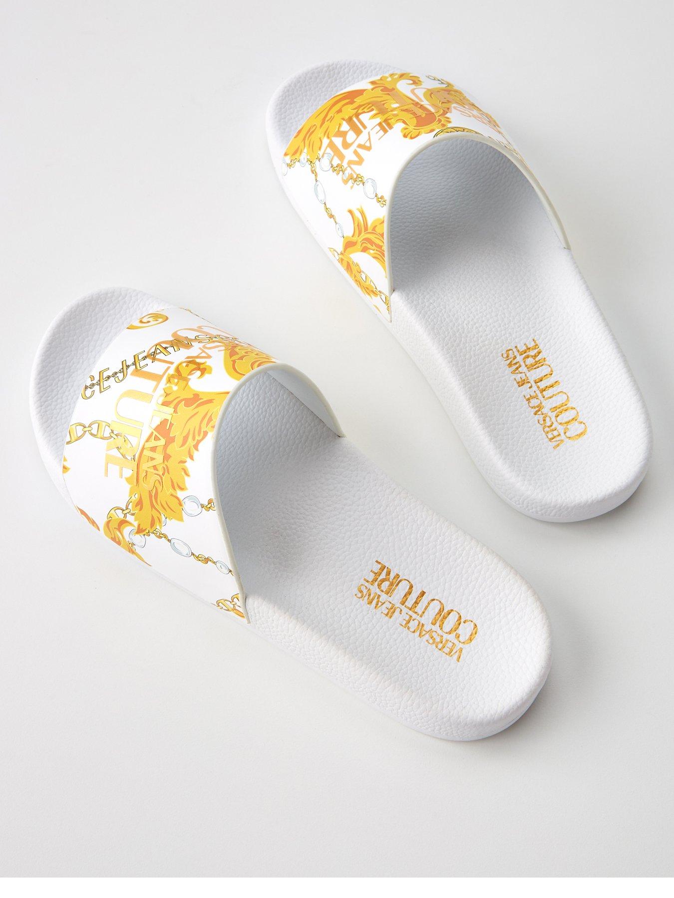 Versace Jeans Couture Baroque Print Logo Sliders White Gold