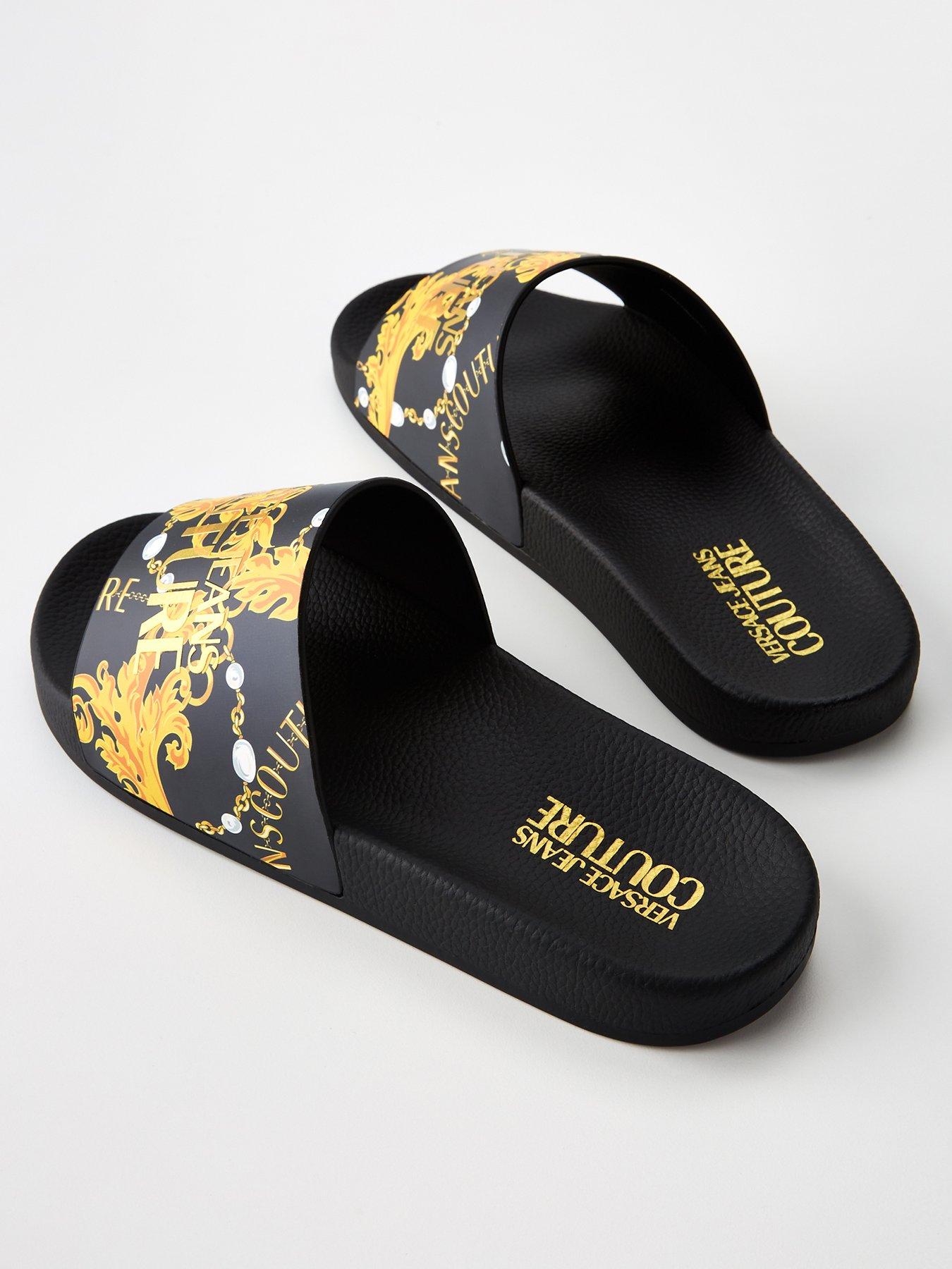 Versace Jeans Couture Baroque Print Logo Sliders - Black/Gold