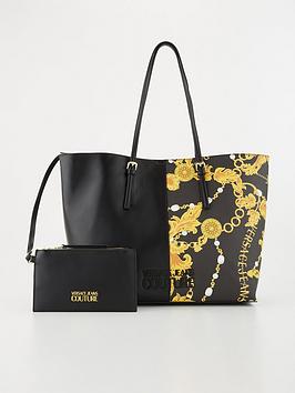 versace jeans couture baroque split detail tote bag - black/gold
