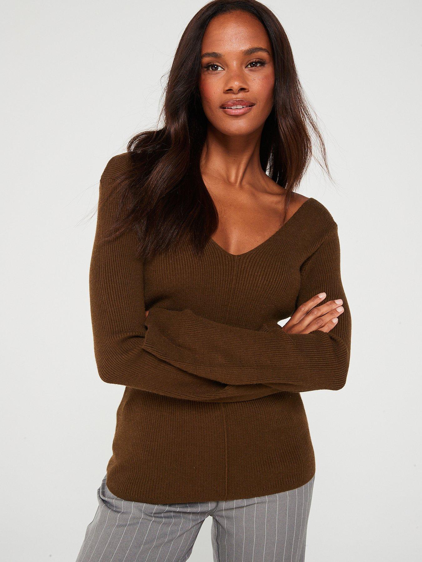 V by Very V Neck V Back Long Sleeve Jumper Khaki very