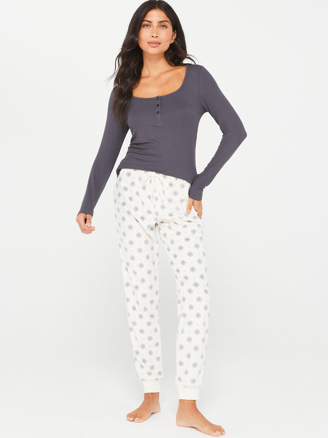 V by Very Henley Rib Top & Fleece Joggers Pyjama Set - Grey/Cream