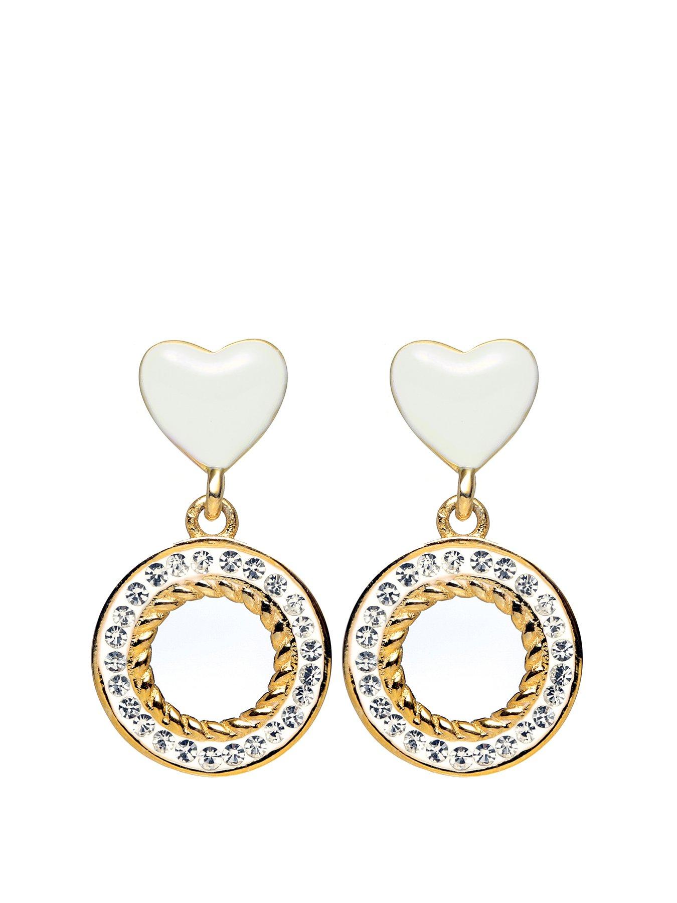 undefined Gold Plated Sterling Silver Crystal White Enamel Heart Stud Earrings