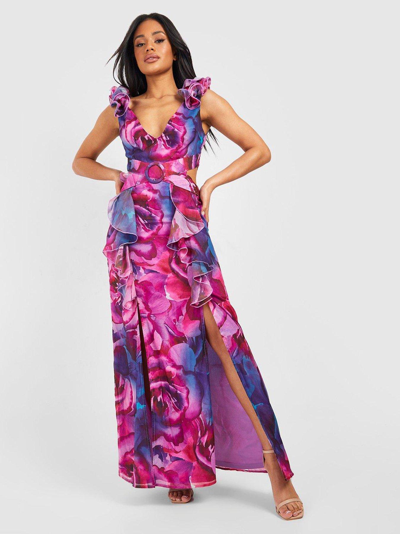 Boohoo Floral Ruffle Belted Chiffon Maxi Dress - Purple | very.co.uk