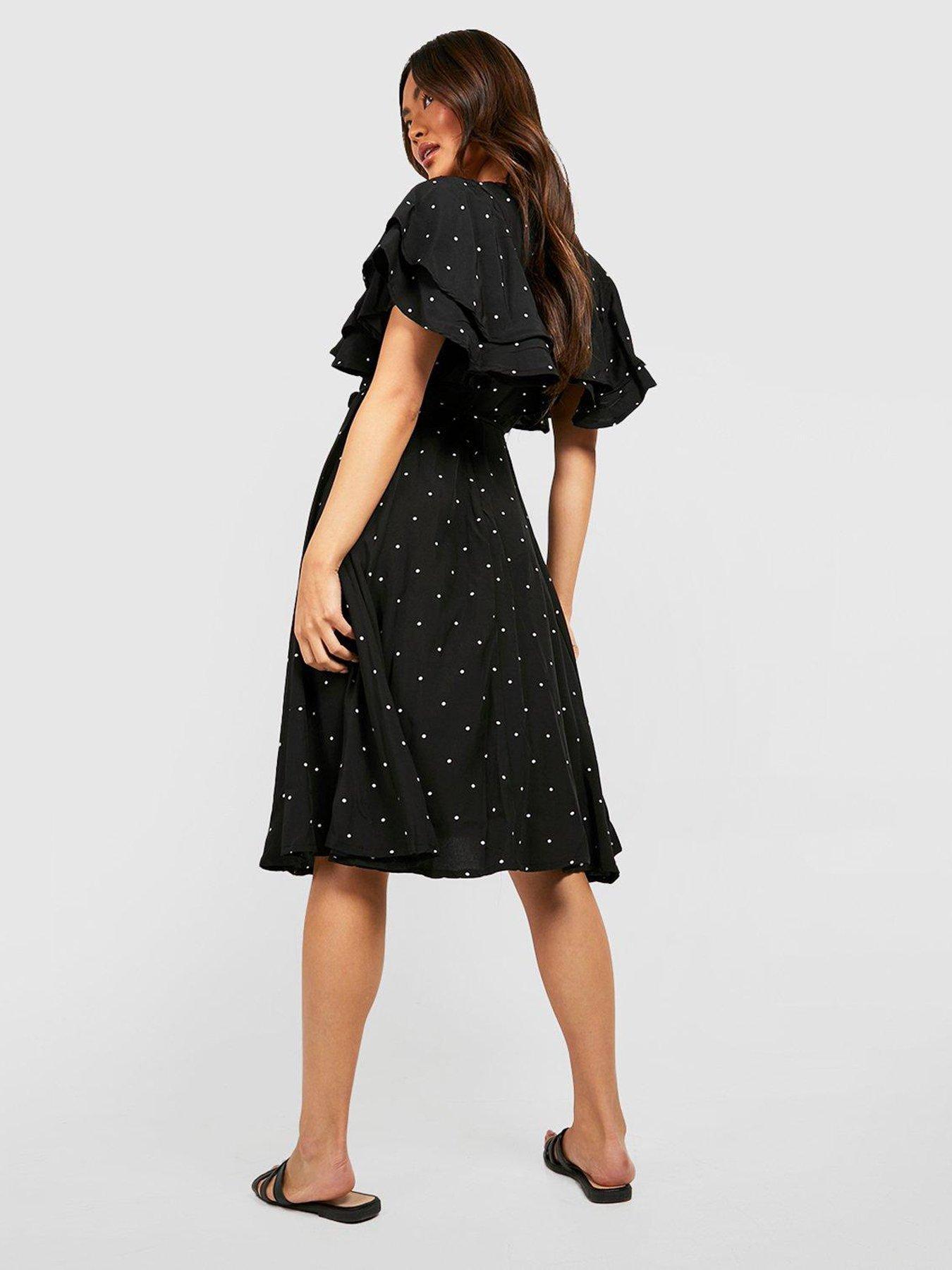 Boohoo Polka Dot Ruffle Midi Dress - Black | very.co.uk