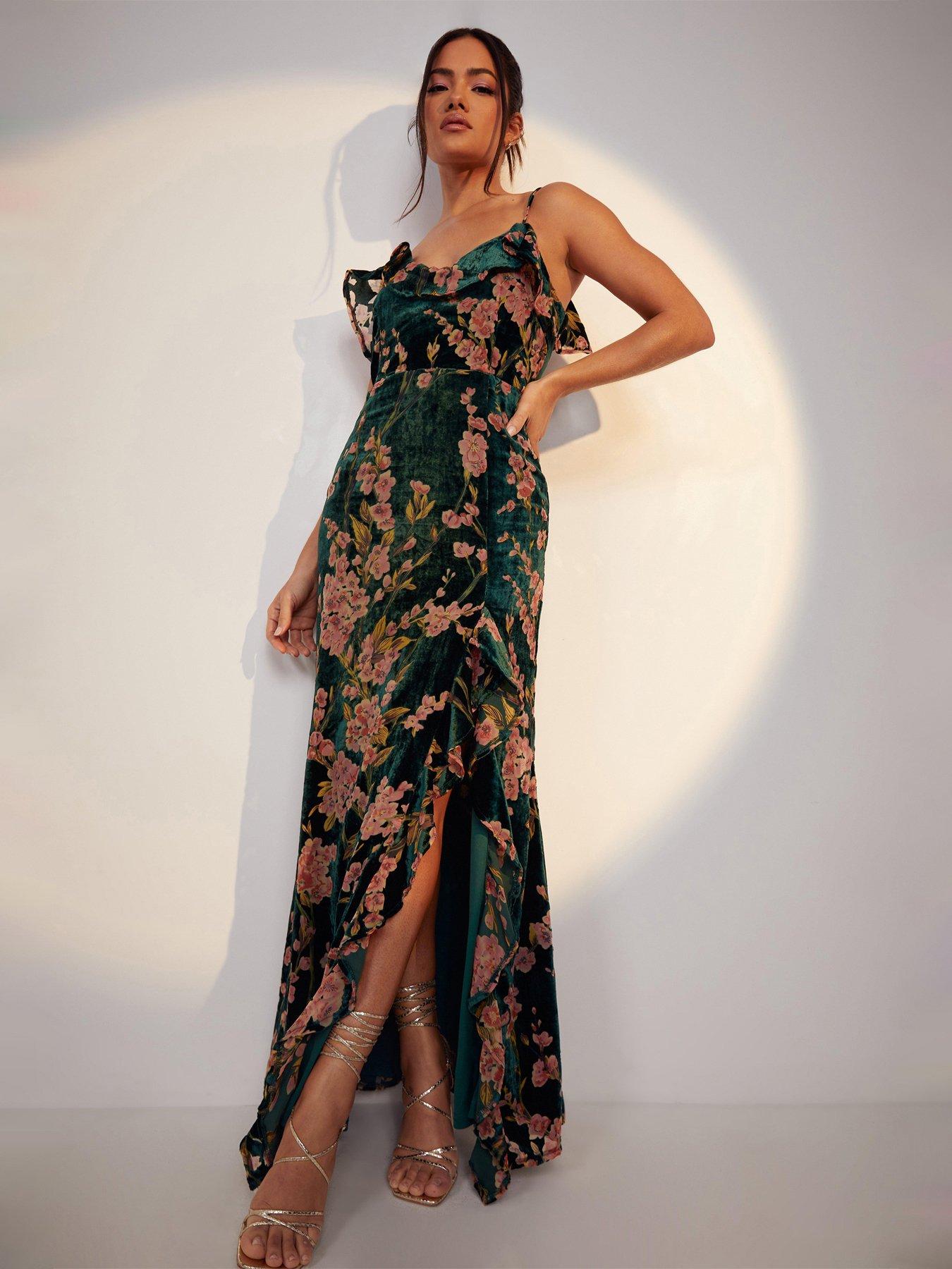 Floral Strappy Frill Detail Maxi Dress - Emerald