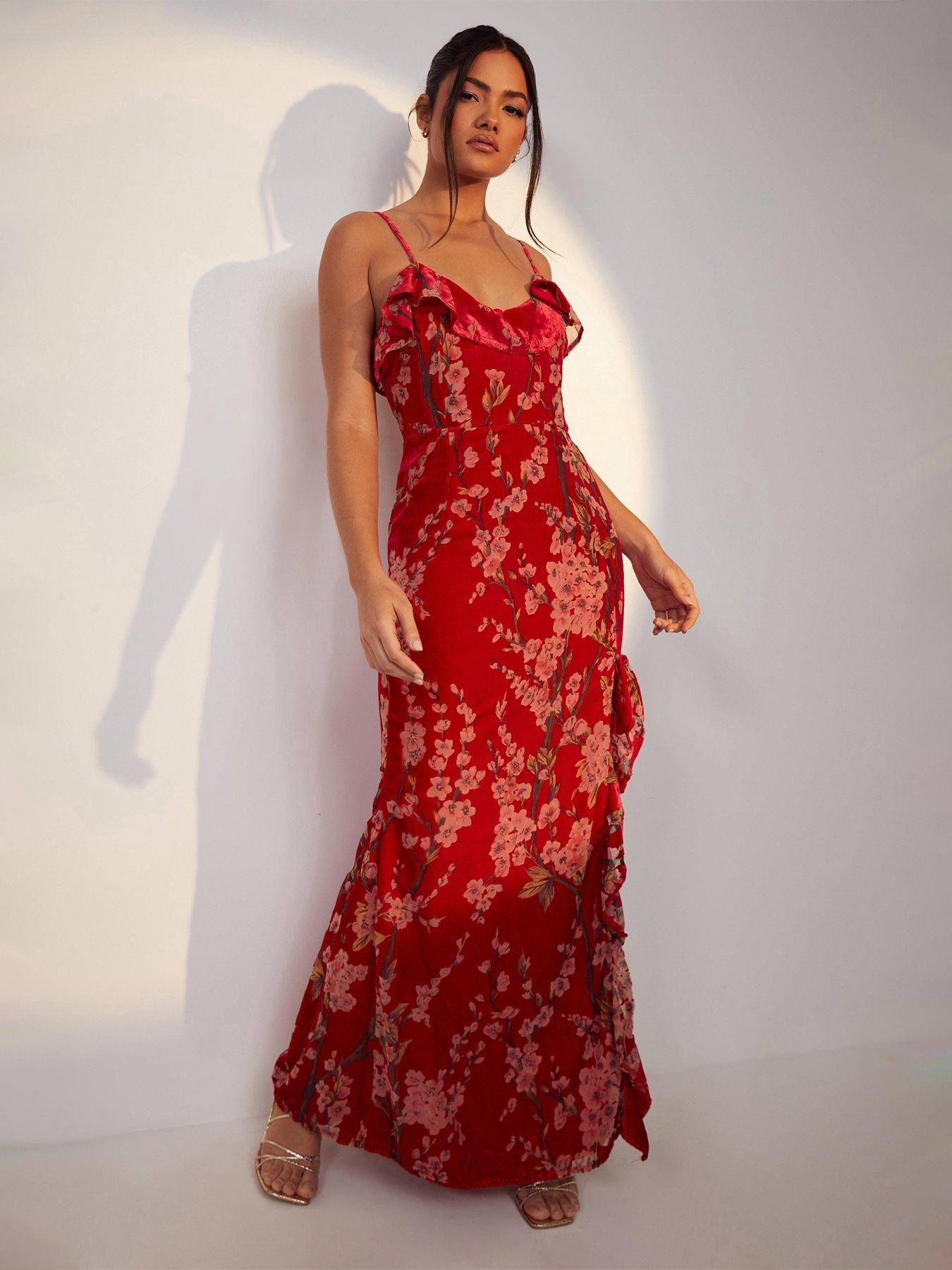 Boohoo Floral Strappy Frill Detail Maxi Dress - Red