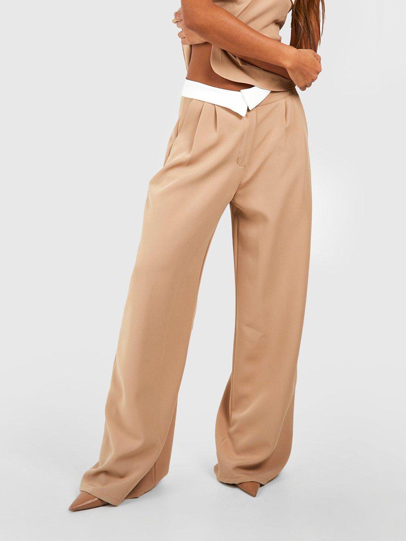 Boohoo Contrast Waistband Tailored Wide Leg Trousers - Camel