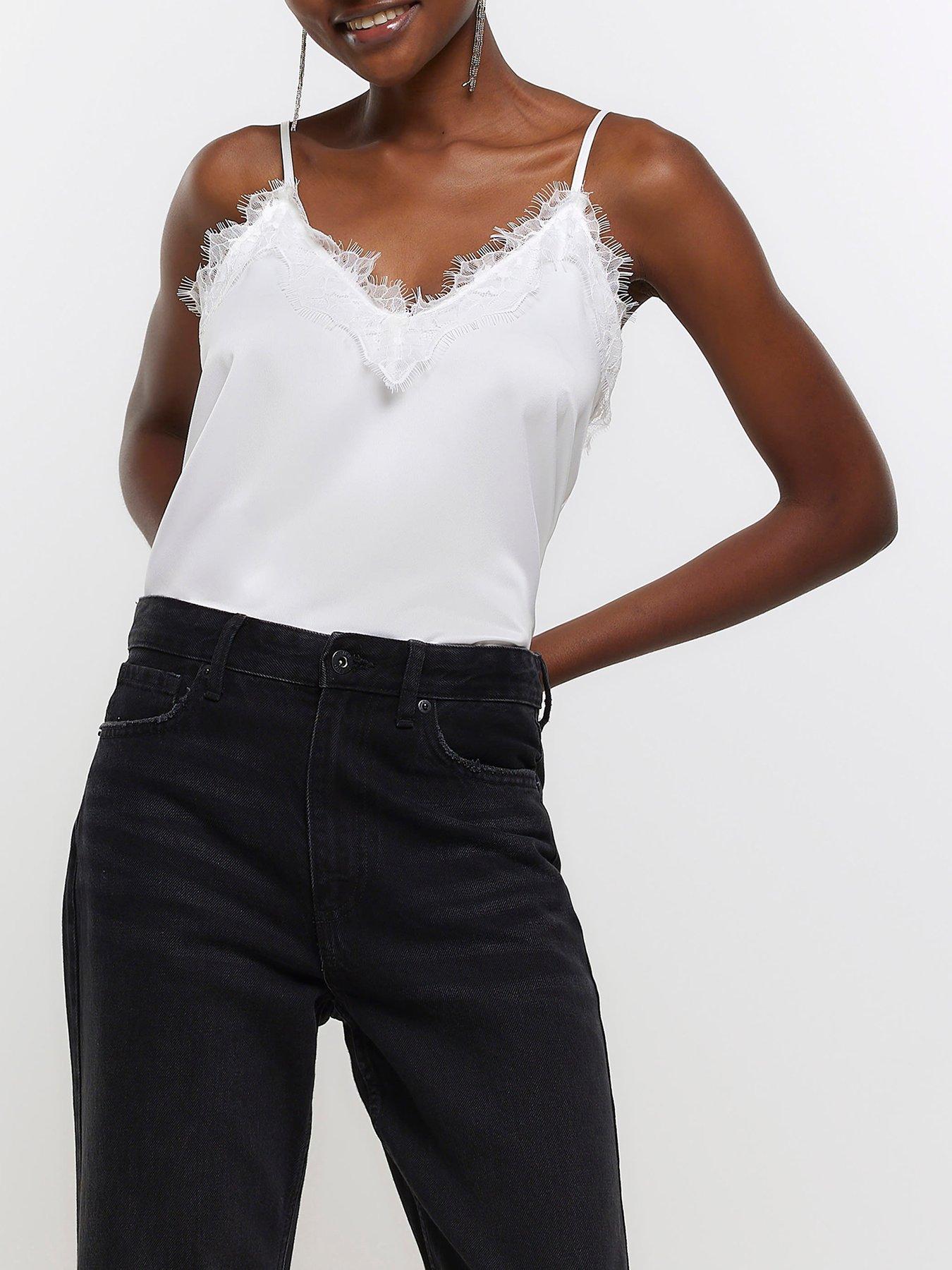 Stradivarius lace trim cami top in white