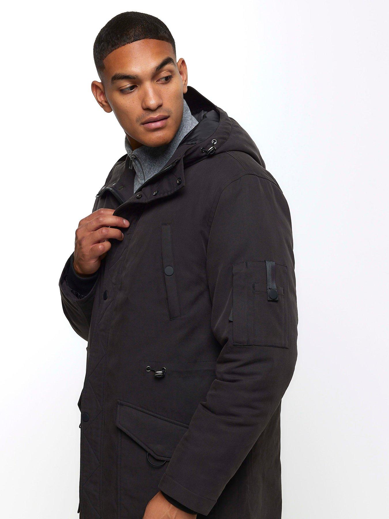 River island longline parka jacket in black store