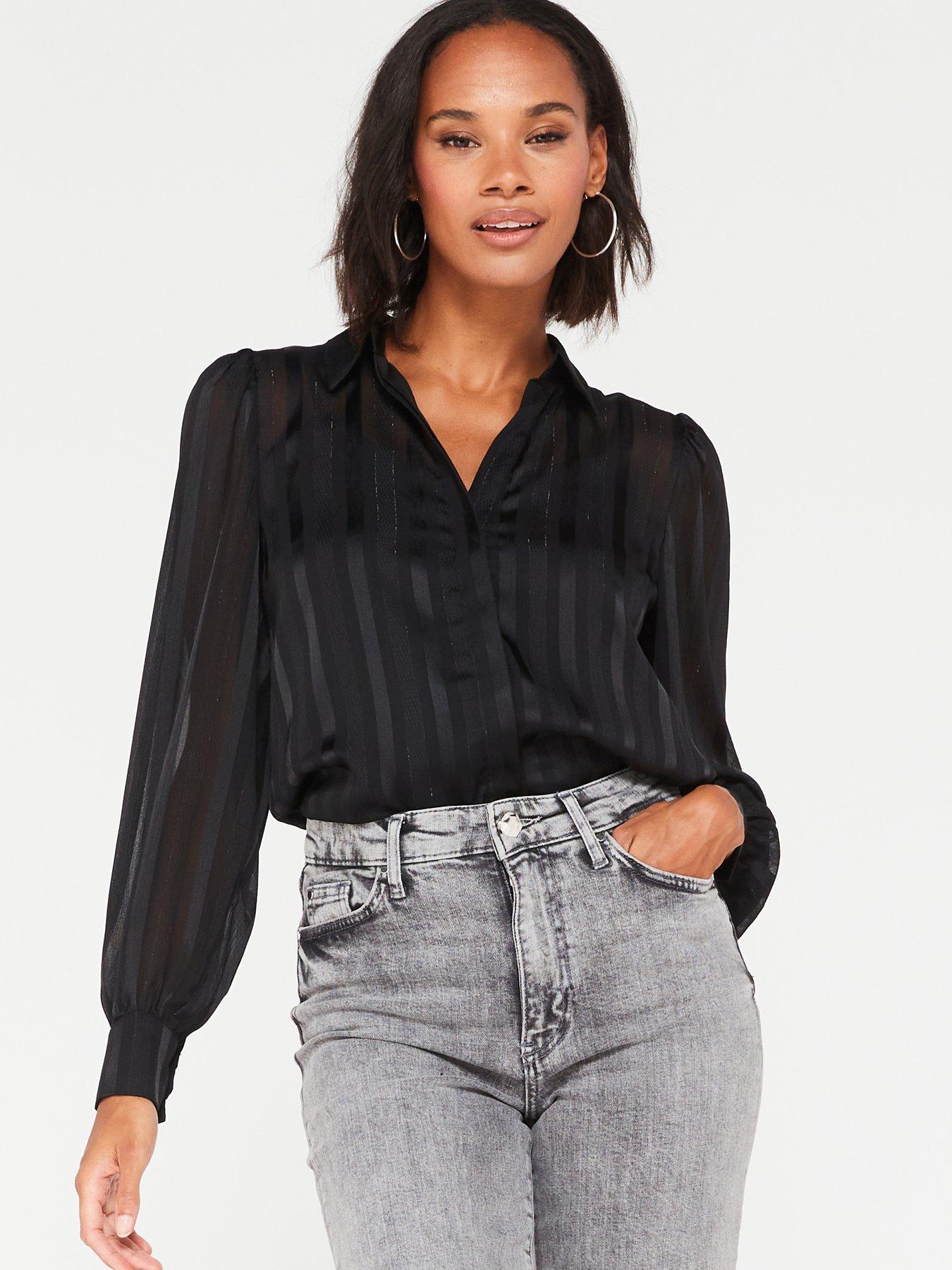 V by Very Asymmetric Sheer Long Sleeve Top - Black