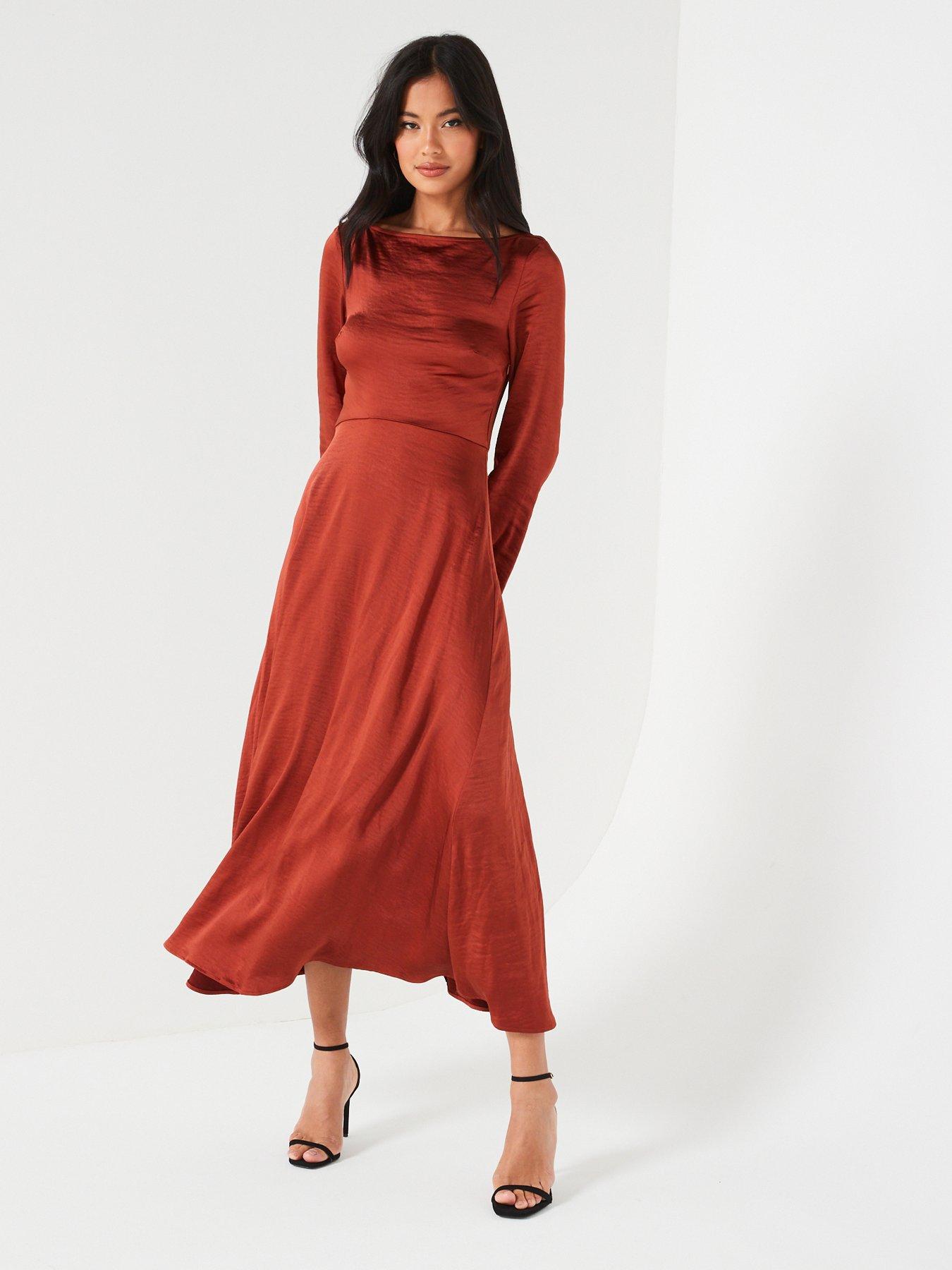 Image 1 of 5 of V by Very Satin Ls Cowl Back Dress - Brown