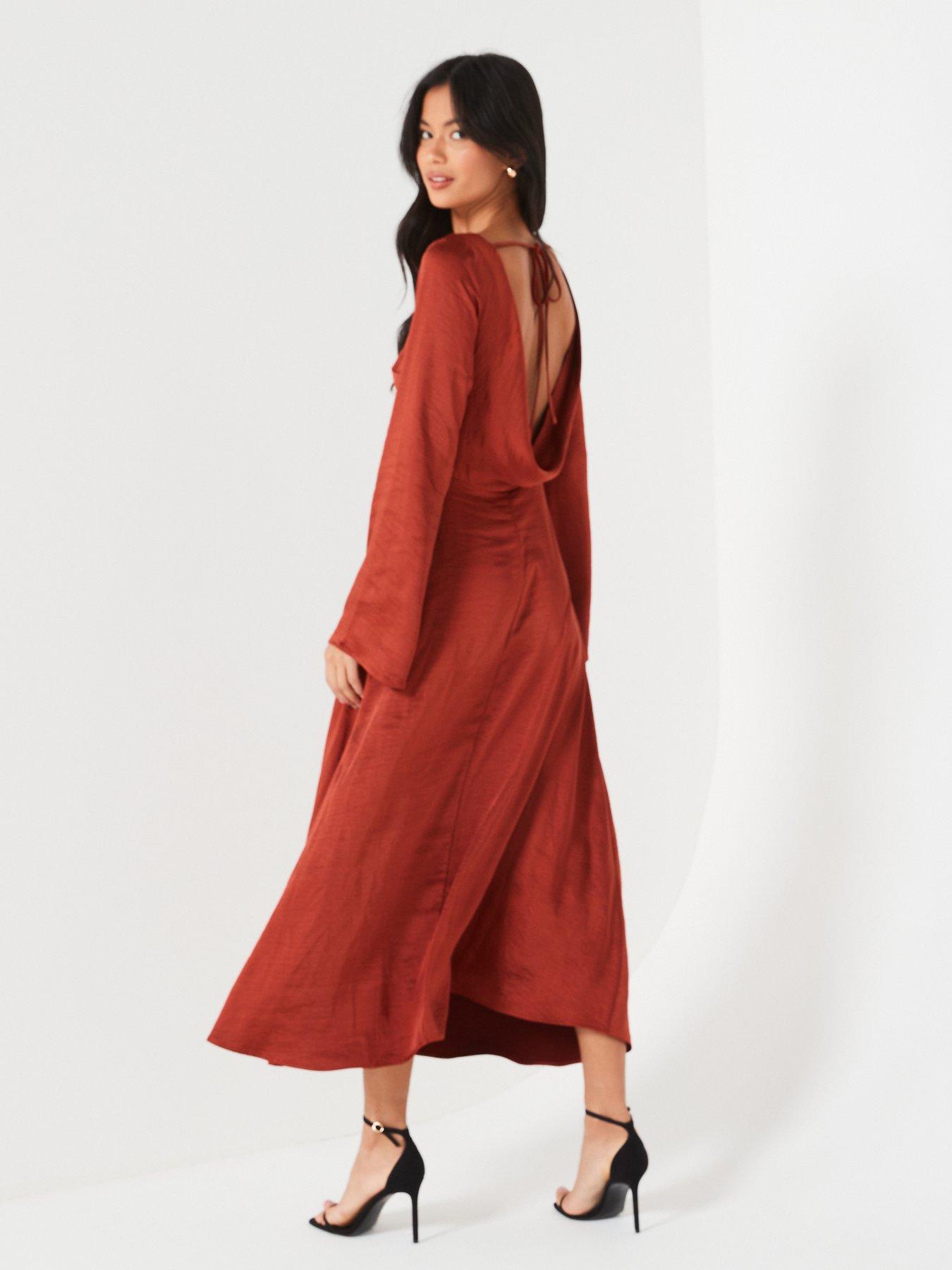 Image 2 of 5 of V by Very Satin Ls Cowl Back Dress - Brown