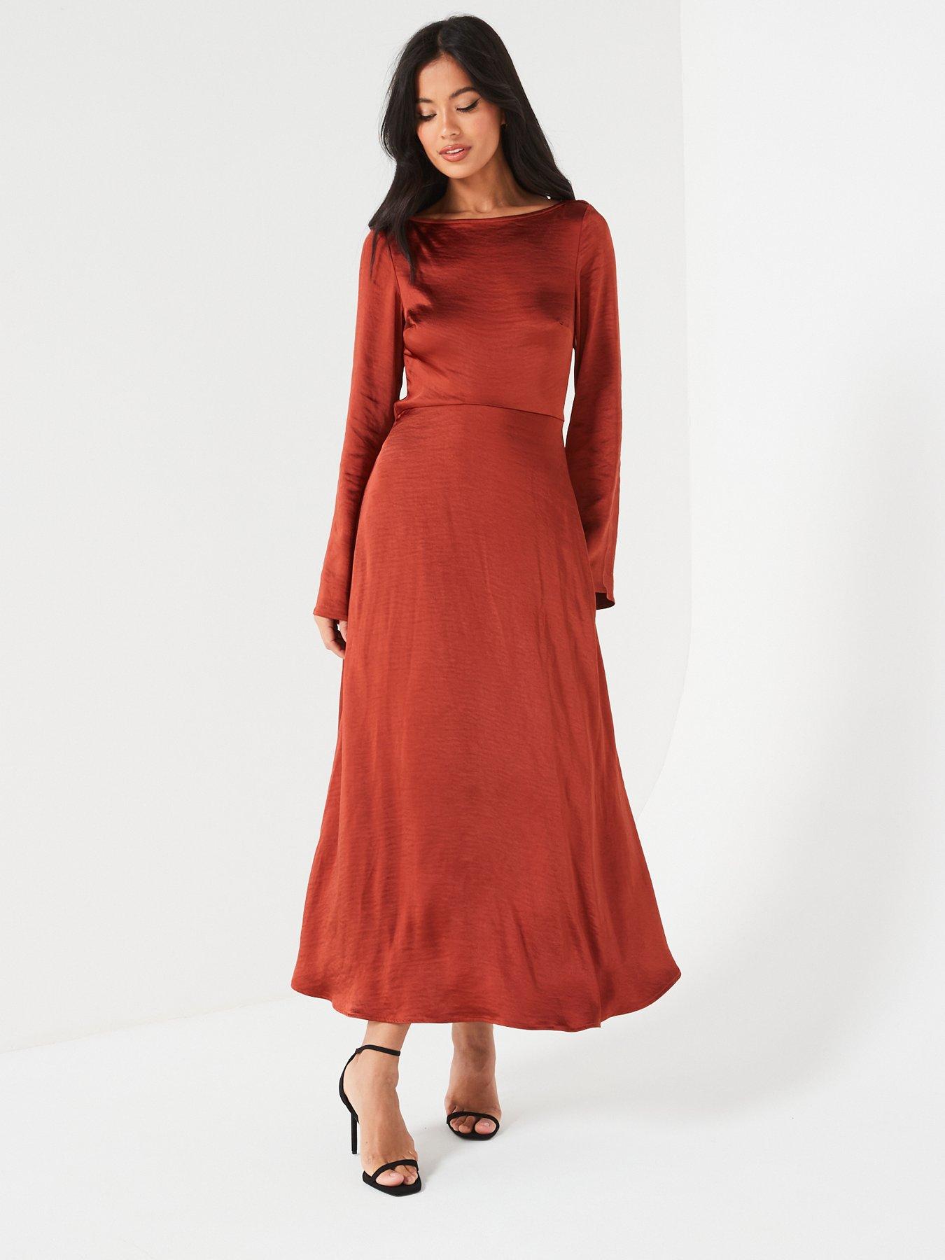 Image 3 of 5 of V by Very Satin Ls Cowl Back Dress - Brown