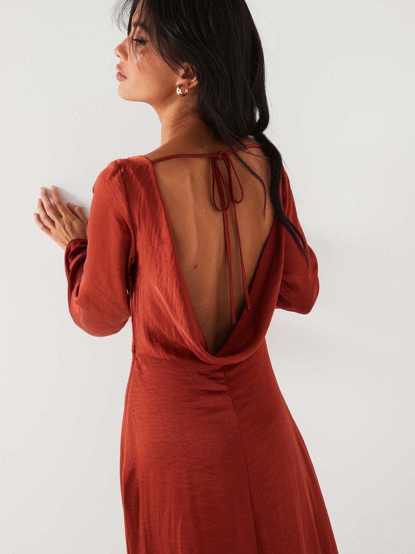 Image 4 of 5 of V by Very Satin Ls Cowl Back Dress - Brown