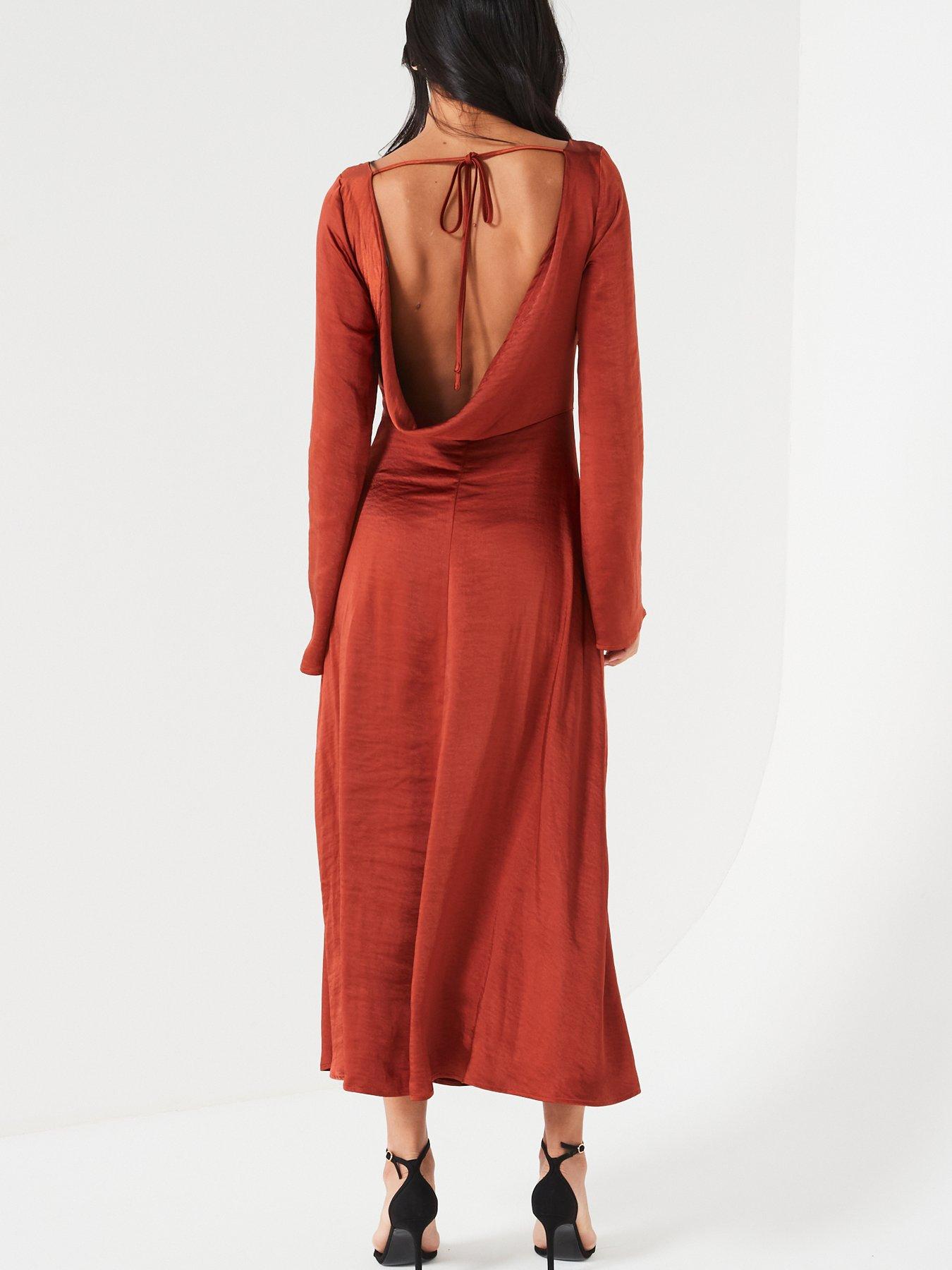 Image 5 of 5 of V by Very Satin Ls Cowl Back Dress - Brown