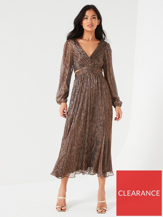 front image of v-by-very-long-sleeve-ruched-waist-midaxi-dress-brown