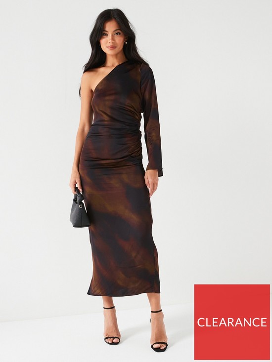 front image of v-by-very-one-shoulder-ruched-satin-ombre-midi-dress-brown