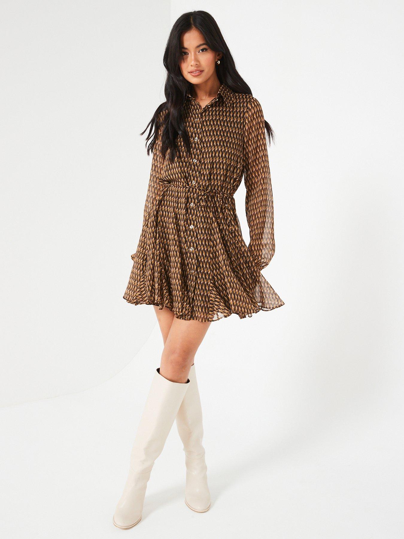 Long Sleeve Belted Printed Mini Dress - Brown