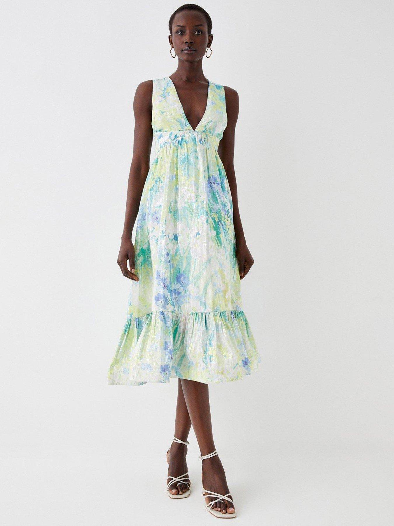 COAST Plunge Neck Frill Hem Midi Dress - Green | Very.co.uk