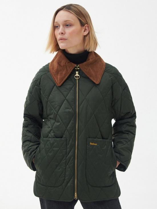 front image of barbour-woodhall-quilted-jacket-green