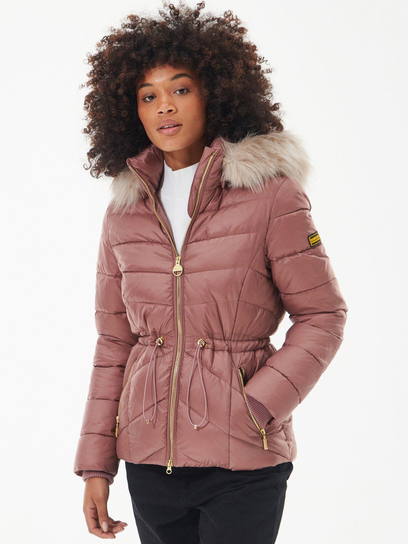 Pink quilted coat ladies sale