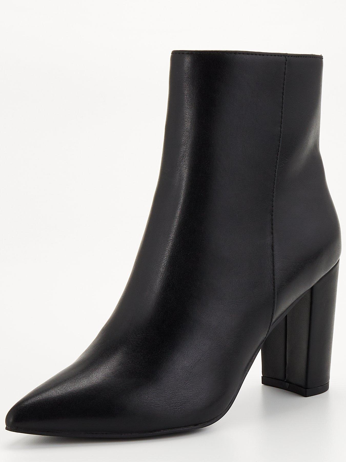 Point Toe Block Heel Ankle Boot Black